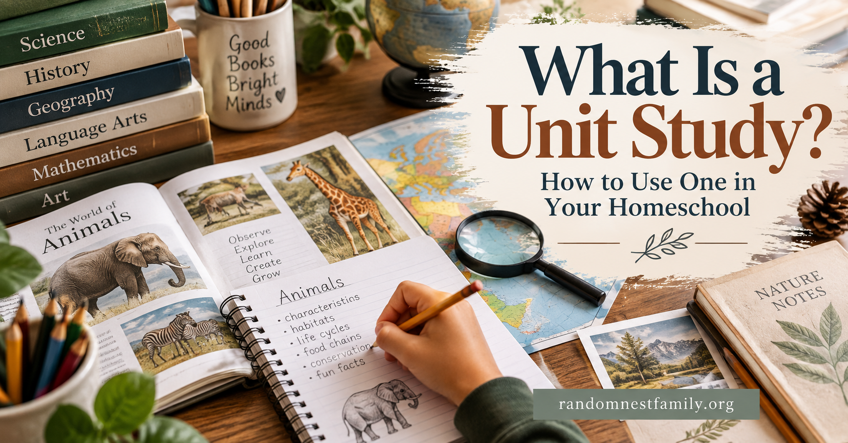 Homeschool unit study workspace with an animal notebook, geography map, science and history books, and a student writing notes.