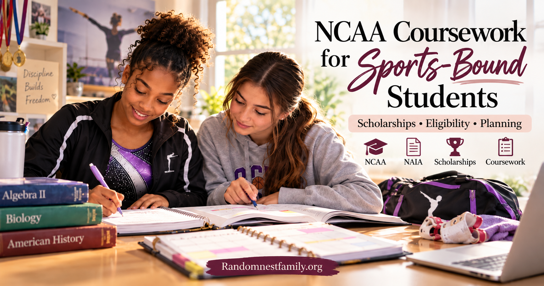 Two teenage student-athletes study side by side with high school coursework, textbooks, a planner, and gymnastics gear nearby. This featured image represents homeschool athletes preparing for NCAA eligibility, college scholarships, dual enrollment, and future academic planning.
