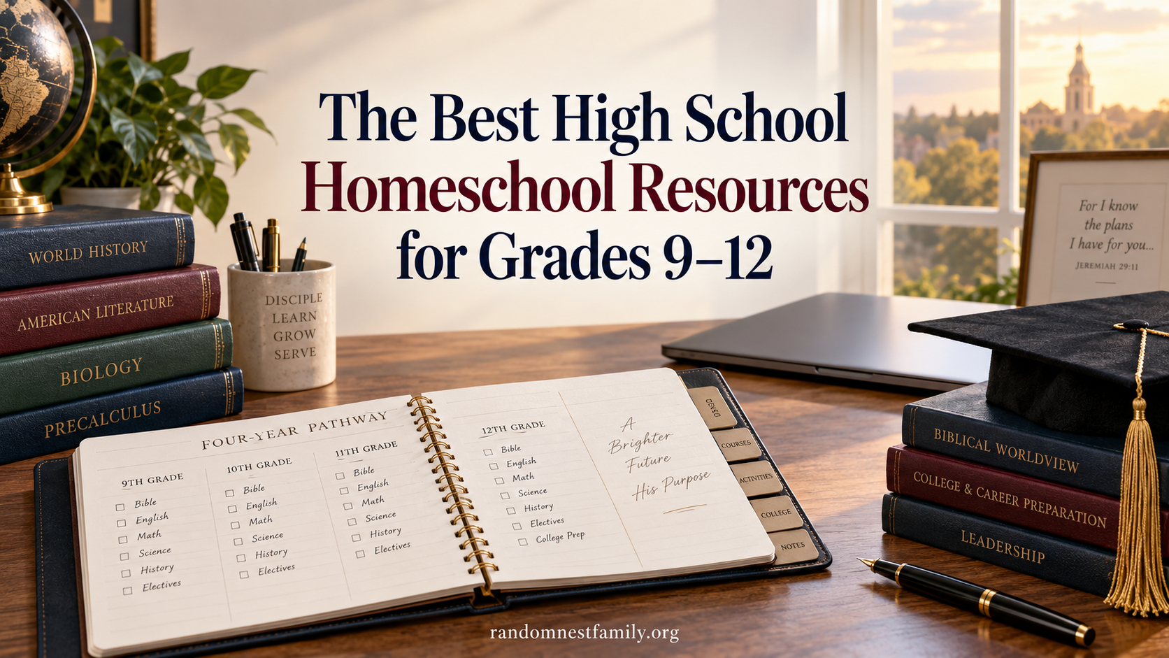 High school homeschool resources for grades 9–12 with a four-year planner, textbooks, laptop, and graduation cap