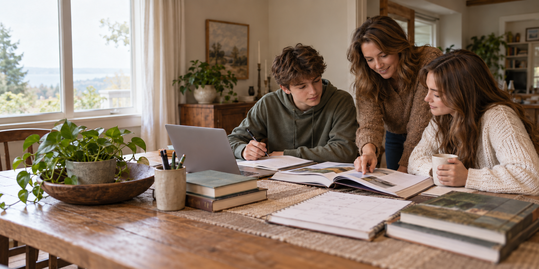 A mother helps two teenagers study together at a table with books and a laptop.
